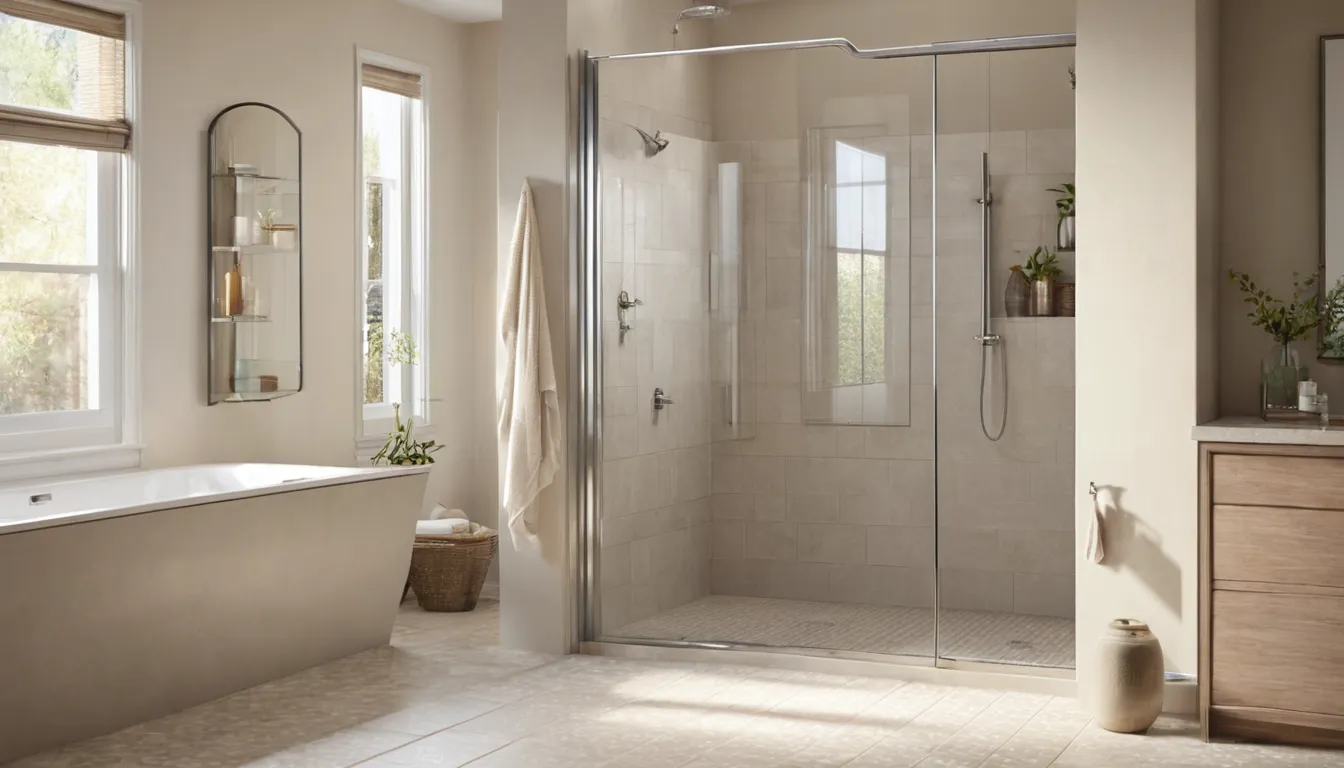 A bright, low-entry walk-in shower with grab bars and a bench in a Saltaire home bathroom