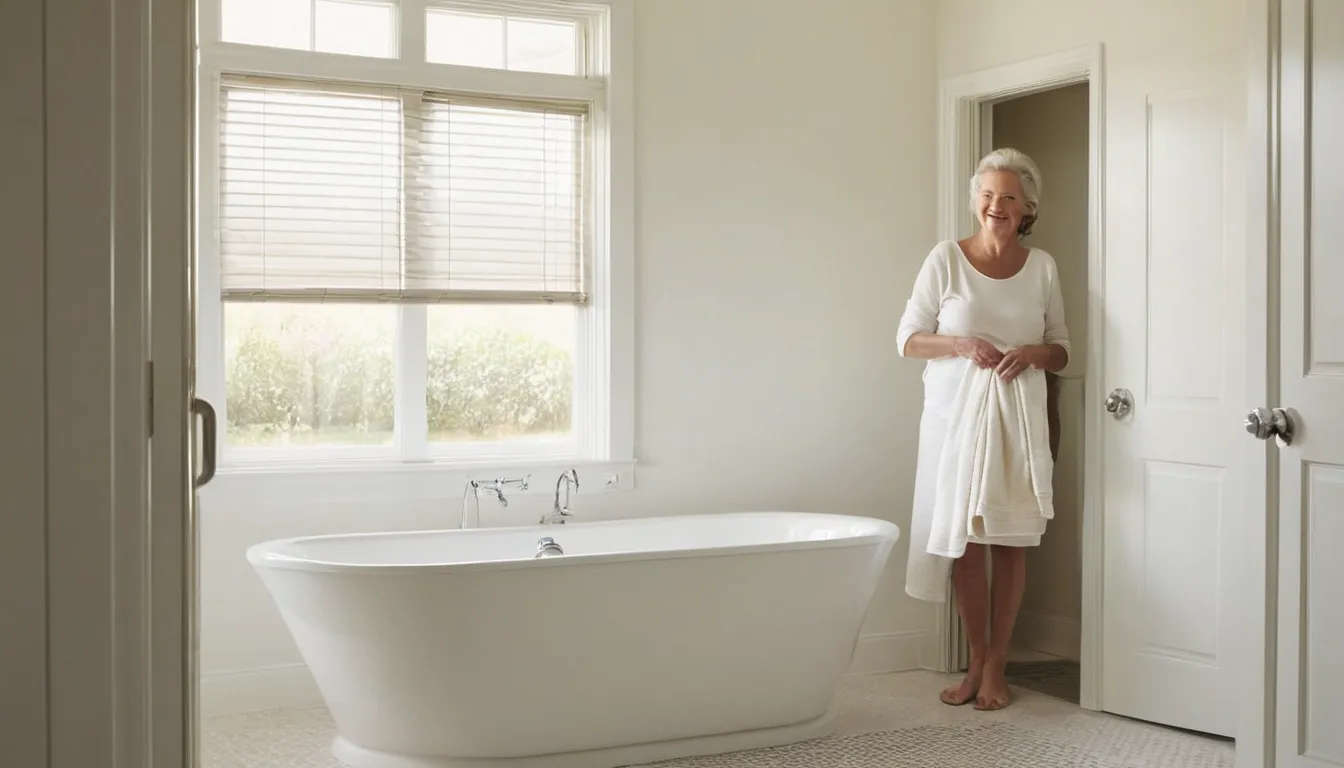 Smiling senior homeowner stepping into a walk-in tub in a bright bathroom in Saltaire